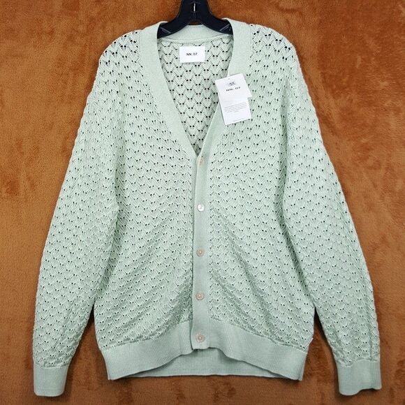 NN07 Sweater Mens XL Lime Green Cardigan Button Up Loose Knit Cotton MANUEL $305 - Picture 2 of 10